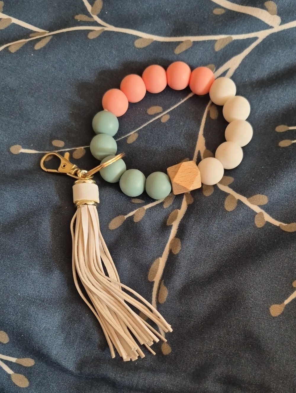 Handcrafted Beaded Tassel Keychain Bracelet - Coral, Grey & White